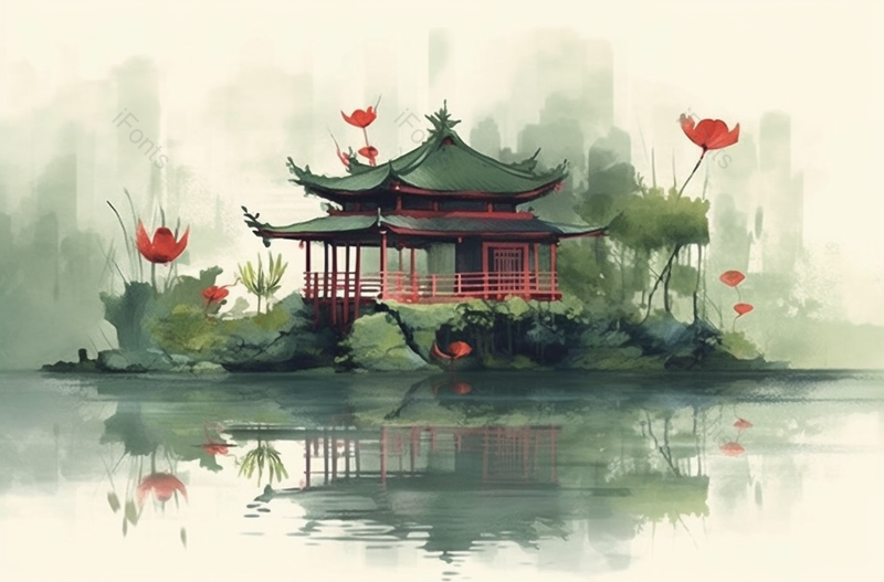 夏季凉亭荷叶池塘倒映水墨画,插画/手绘图,插画/手绘图库,插画/手绘图下载,插画/手绘